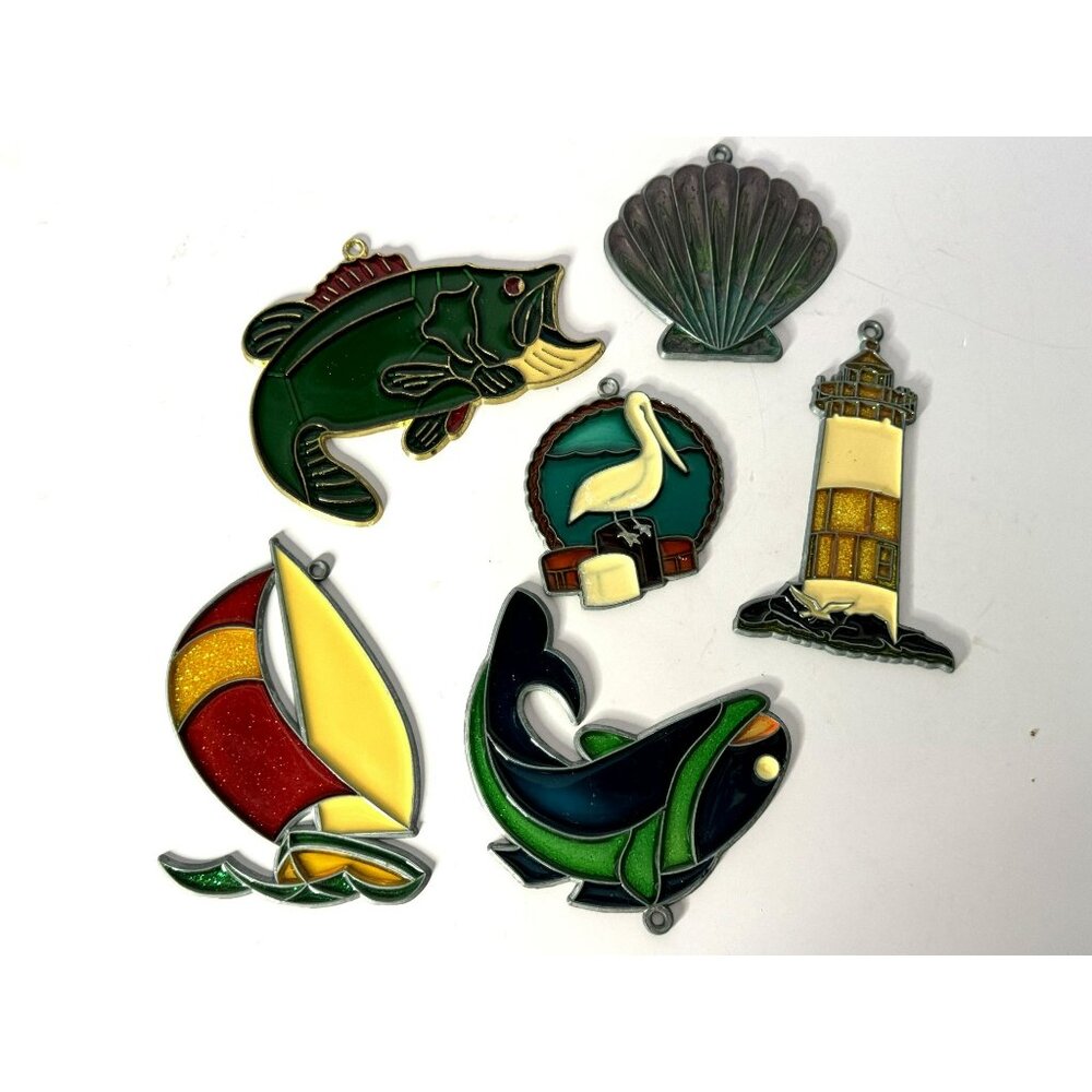 6 Nautical-Themed Suncatchers Fish Sailboat Dolphin Pelican Lighthouse & Shell